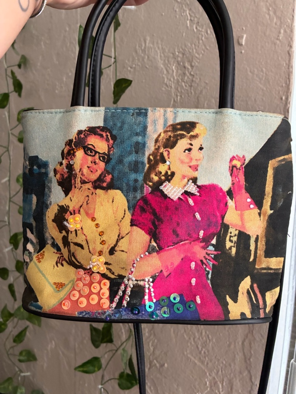 Vintage-Inspired Pink Graphic Tote Bag